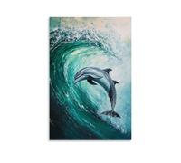 JZHJNHRR Animal Oil Painting of A Dolphin Doing A Barrel Roll Inside A Glassy Green Wave on Aqua Minimalist Background. Artistic Wall Mural Modern Hanging Decor Poster08x12inch(20x30cm)