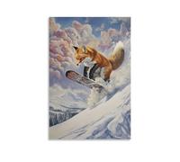 JZHJNHRR Animal Oil Painting of A Fox Snowboarding Wild Drifts Across Snow Deserts, Framed Under Pastel Steel Clouds. Artistic Wall Mural Modern Hanging Decor Poster08x12inch(20x30cm)