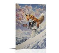 JZHJNHRR Animal Oil Painting of A Fox Snowboarding Wild Drifts Across Snow Deserts, Framed Under Pastel Steel Clouds. Artistic Wall Mural Modern Hanging Decor Poster16x24inch(40x60cm)