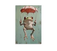 JZHJNHRR Animal Oil Painting of A Frog Launched from A Parachute Cannon, Limbs Flailing Joyfully on Mint Green. Artistic Wall Mural Modern Hanging Decor Poster08x12inch(20x30cm)