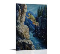 JZHJNHRR Animal Oil Painting of A Frog Leaping from A Cliff Into A Deep Canyon River, Droplets Frozen in Motion. Artistic Wall Mural Modern Hanging Decor Poster24x36inch(60x90cm)