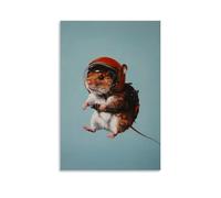 JZHJNHRR Animal Oil Painting of A Hamster with Helmet Ejected from A Plane Mid-drop on A Minimal Light Blue Canvas. Artistic Wall Mural Modern Hanging Decor Poster16x24inch(40x60cm)