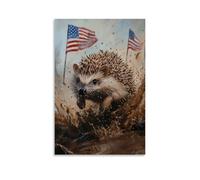 JZHJNHRR Animal Oil Painting of A Hedgehog Completing A Muddy Spartan Race with Flags Waving behind It. Artistic Wall Mural Modern Hanging Decor Poster12x18inch(30x45cm)