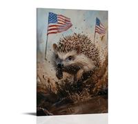 JZHJNHRR Animal Oil Painting of A Hedgehog Completing A Muddy Spartan Race with Flags Waving behind It. Artistic Wall Mural Modern Hanging Decor Poster08x12inch(20x30cm)