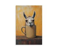 JZHJNHRR Animal Oil Painting of A Llama Hiding behind A Massive Latte Mug While Peeking over The Edge. Artistic Wall Mural Modern Hanging Decor Poster16x24inch(40x60cm)