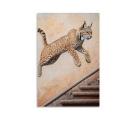JZHJNHRR Animal Oil Painting of A Lynx Jumping from Rail to Rail on A Peach Stone Backdrop Artistic Wall Mural Modern Hanging Decor Poster12x18inch(30x45cm)