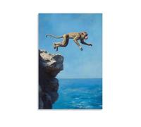 JZHJNHRR Animal Oil Painting of A Monkey Diving from A Rock Ledge Into Ocean Blue Void, Paused Mid-air. Artistic Wall Mural Modern Hanging Decor Poster20x30inch(50x75cm)