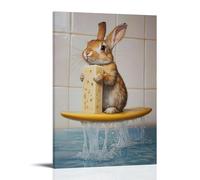 JZHJNHRR Animal Oil Painting of A Rabbit Riding A Soap Bar Across Wet Bathroom Tiles Like A Surfboard. Artistic Wall Mural Modern Hanging Decor Poster08x12inch(20x30cm)