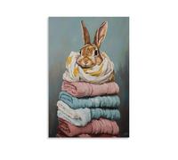 JZHJNHRR Animal Oil Painting of A Rabbit Struggling to Unwrap Itself from A Mountain of Bathroom Towels. Artistic Wall Mural Modern Hanging Decor Poster12x18inch(30x45cm)