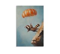 JZHJNHRR Animal Oil Painting of A Raccoon Leaping from A Cliff with A Parachute Just Opening, over A Soft Sky Blue Background. Artistic Wall Mural Modern Hanging Decor Poster20x30inch(50x75cm)