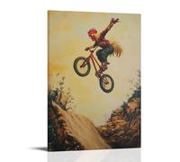 JZHJNHRR Animal Oil Painting of A Rooster Racing on BMX through Invisible Terrain, Pale Yellow Sky Artistic Wall Mural Modern Hanging Decor Poster24x36inch(60x90cm)