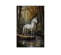 JZHJNHRR Animal Oil Painting The Silver Unicorn Guards The Enchanted Forest’s Crystal-Crowned Riverbanks Artistic Wall Mural Modern Hanging Decor Poster12x18inch(30x45cm)