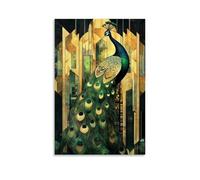 JZHJNHRR Animal Poster: Art Deco Peacock with Angular Gold And Emerald Patterns, Cityscape Reflection Artistic Wall Mural Modern Hanging Decor Poster12x18inch(30x45cm)