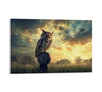 JZHJNHRR Animal Poster: Steampunk Owl Perched on A Sundial in A Twilight Meadow, Mosaic Sky Artistic Wall Mural Modern Hanging Decor Poster24x36inch(60x90cm)