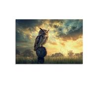 JZHJNHRR Animal Poster: Steampunk Owl Perched on A Sundial in A Twilight Meadow, Mosaic Sky Artistic Wall Mural Modern Hanging Decor Poster20x30inch(50x75cm)