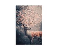 JZHJNHRR Animal Poster: Surreal Deer with Antlers Blooming Into Cherry Blossoms Artistic Wall Mural Modern Hanging Decor Poster24x36inch(60x90cm)