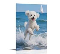 JZHJNHRR Bichon Frise Playing with Waves by Sea, Fur with Spray Artistic Wall Mural Modern Hanging Decor Poster24x36inch(60x90cm)