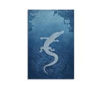 JZHJNHRR Minimalist Crocodile in River-Like Flow, Composed of Jagged Waves on A Lake Blue Background. Artistic Wall Mural Modern Hanging Decor Poster24x36inch(60x90cm)
