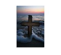 JZHJNHRR On A Beach at Twilight, A Cross Built from Driftwood Faces The Sea While Scripture Is Etched Into The Waves. Artistic Wall Mural Modern Hanging Decor Poster16x24inch(40x60cm)