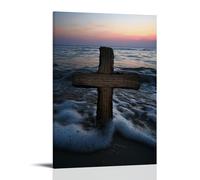 JZHJNHRR On A Beach at Twilight, A Cross Built from Driftwood Faces The Sea While Scripture Is Etched Into The Waves. Artistic Wall Mural Modern Hanging Decor Poster20x30inch(50x75cm)
