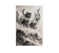 JZHJNHRR Pirate Cats Navigating Graphite Storm Waves Artistic Wall Mural Modern Hanging Decor Poster24x36inch(60x90cm)