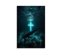 JZHJNHRR The Cross Beneath The Waves - A Whale Swims Past A Sunken Cross Illuminated by Bioluminescence Artistic Wall Mural Modern Hanging Decor Poster16x24inch(40x60cm)