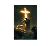 JZHJNHRR The Cross Glows behind Jesus As He Lifts A Lamb And Walks Away from The Open Jaws of A Wolf. Artistic Wall Mural Modern Hanging Decor Poster20x30inch(50x75cm)