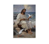 JZHJNHRR The Fisherman’s Companion - Jesus Sits on The Shore Feeding Seagulls with A Smile Artistic Wall Mural Modern Hanging Decor Poster12x18inch(30x45cm)