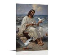 JZHJNHRR The Fisherman’s Companion - Jesus Sits on The Shore Feeding Seagulls with A Smile Artistic Wall Mural Modern Hanging Decor Poster08x12inch(20x30cm)
