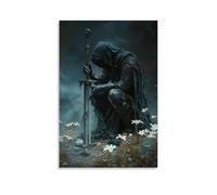 JZHJNHRR The Knight Lays His Blade at The Feet of A Broken Cross, Tears Falling Into The Dust Where Lilies Begin to Grow. Artistic Wall Mural Modern Hanging Decor Poster08x12inch(20x30cm)