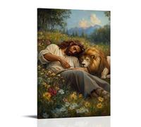 JZHJNHRR The Shepherd’s Rest - Jesus Sleeps in A Meadow While A Lion Watches Over His Flock Artistic Wall Mural Modern Hanging Decor Poster08x12inch(20x30cm)
