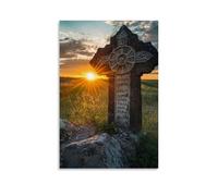 JZHJNHRR The Sun Rises behind An Ancient Stone Cross, Revealing Faint Scripture Carved Into The Earth. Artistic Wall Mural Modern Hanging Decor Poster16x24inch(40x60cm)