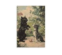 JZHJNHRR Victorian-Era Illustration of A Majestic Cat And Dog Playing with Ball in Garden Artistic Wall Mural Modern Hanging Decor Poster24x36inch(60x90cm)