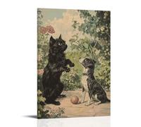 JZHJNHRR Victorian-Era Illustration of A Majestic Cat And Dog Playing with Ball in Garden Artistic Wall Mural Modern Hanging Decor Poster16x24inch(40x60cm)