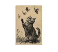 JZHJNHRR Victorian-Era Illustration of A Majestic Cat Chasing Butterflies Artistic Wall Mural Modern Hanging Decor Poster08x12inch(20x30cm)