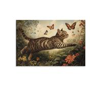 JZHJNHRR Victorian-Era Illustration of A Majestic Cat Chasing Butterflies in The Garden Artistic Wall Mural Modern Hanging Decor Poster20x30inch(50x75cm)