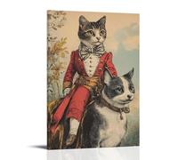 JZHJNHRR Victorian-Era Illustration of A Majestic Cat Riding on Dogs Back Artistic Wall Mural Modern Hanging Decor Poster16x24inch(40x60cm)