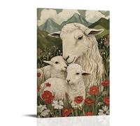 JZHJNHRR Victorian-Era Illustration of A Majestic Ewe Nursing Lamb in Spring Pasture, Wildflowers Blooming Artistic Wall Mural Modern Hanging Decor Poster12x18inch(30x45cm)