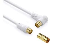 JZK 1.8m Male to male coaxial TV aerial cable, gold-plated coax RF cord right angled connector plug with adapter for freesat, freeview, BT, set-top box, TV antenna extension lead