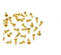 JZK 100pcs M2x5mm Brass Golden Plated Cross Flat Head Self Tapping Screws, Gold mini Phillips screws, small screw for dollhouse, tiny brass wood screws for jewelry box hinges