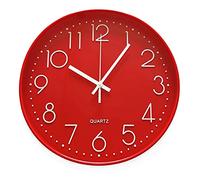 JZK 12 Inch 30cm Modern Large Number Round Silent Wall Clock, Red Non-Ticking Quartz for Bedroom Living Room Office Classroom Kitchen, Battery Operated