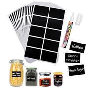 JZK 150Pcs 6x4cm Retangular Black Plastic Sticky Labels for Jars, Reusable Waterproof Pantry Labels for Spice/herb/Tea/Coffee, self Adhesive Stickers for Storage Boxes/Bottles, with White Chalk Pen