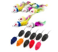 JZK 20 x Furry pet cat toys mice with feather tails cat toy mice with rattle interactive toy for cat kitty