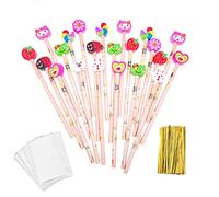 JZK 24 x Pink wooden graphite pencils set with cartoon rubber erasers for kids birthday favours gift for girls party bag fillers, pink pencil and eraser set stationery gifts