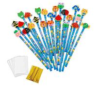 JZK 24x Blue wooden graphite pencils set with cartoon rubber erasers for kids children party favours give away thank you gift party bag filler birthday gift for boys