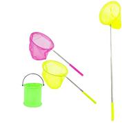 JZK 2x Small fish net and bucket set for kids, Long handle extendable kids fishing net with telescopic handle for pond and rock pool, insect/butterfly catcher net for kids