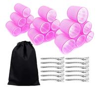 JZK 31 in 1 Extra large medium small self grip hair rollers with clips set for long/short hair and fringe, big heatless velcro rollers for hair volume, no heat curlers rollers for curling, pink