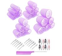 JZK 49 in 1 Extra large medium small self grip hair rollers with clips set for long/short hair and fringe, big heatless velcro rollers for hair volume, no heat curlers rollers for curling, purple
