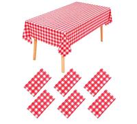 JZK 6-Pack 137x274 cm Large Rectangular Plastic Red Gingham Tablecloth, Waterproof Checked Party Table Cloth Disposable For Birthday, BBQ, Rustic Wedding, Single Use Table Cover