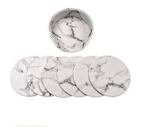 JZK 6 x White marble effect leather coasters for drinks with holder, 9.7cm 3.8 inch round cup mats coaster set for cups glass mugs